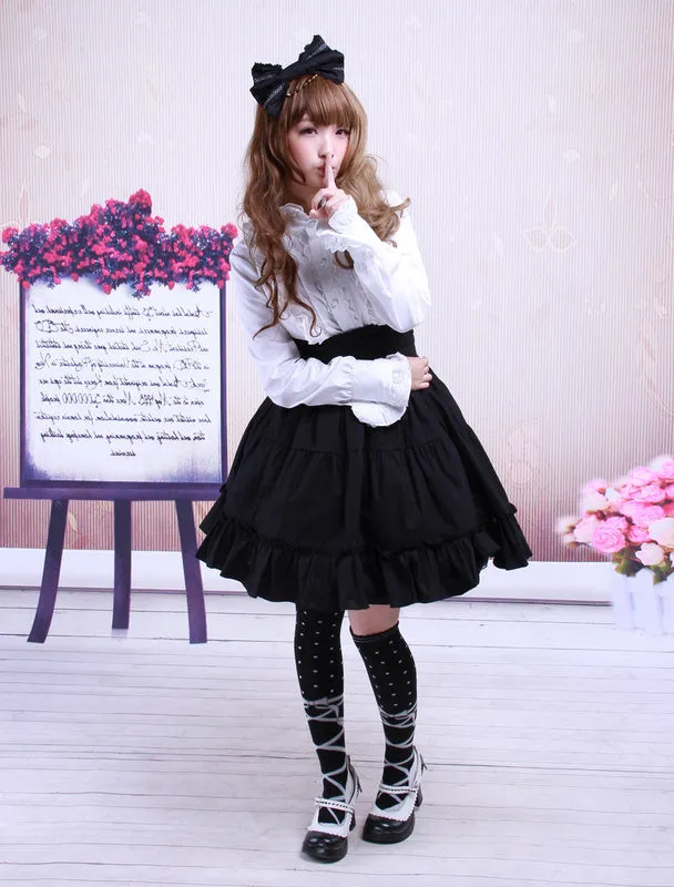 Gothic Lolita Dress SK Black High Waist Ruffles Cotton Lolita Skirt