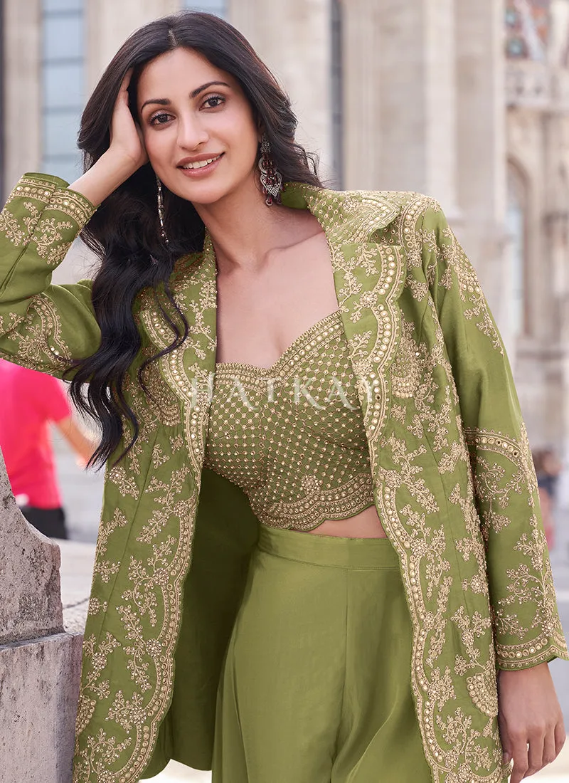 Green Embroidered Jacket Style Designer Palazzo Suit