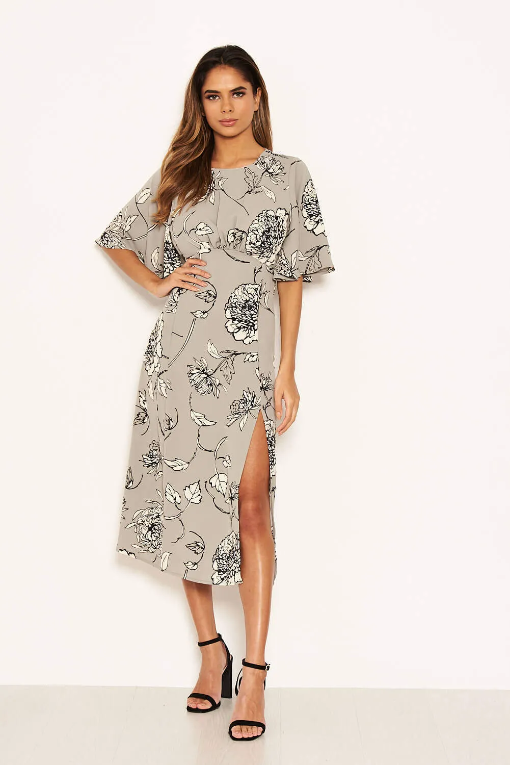 Grey Floral Gathered Split Midi Dress