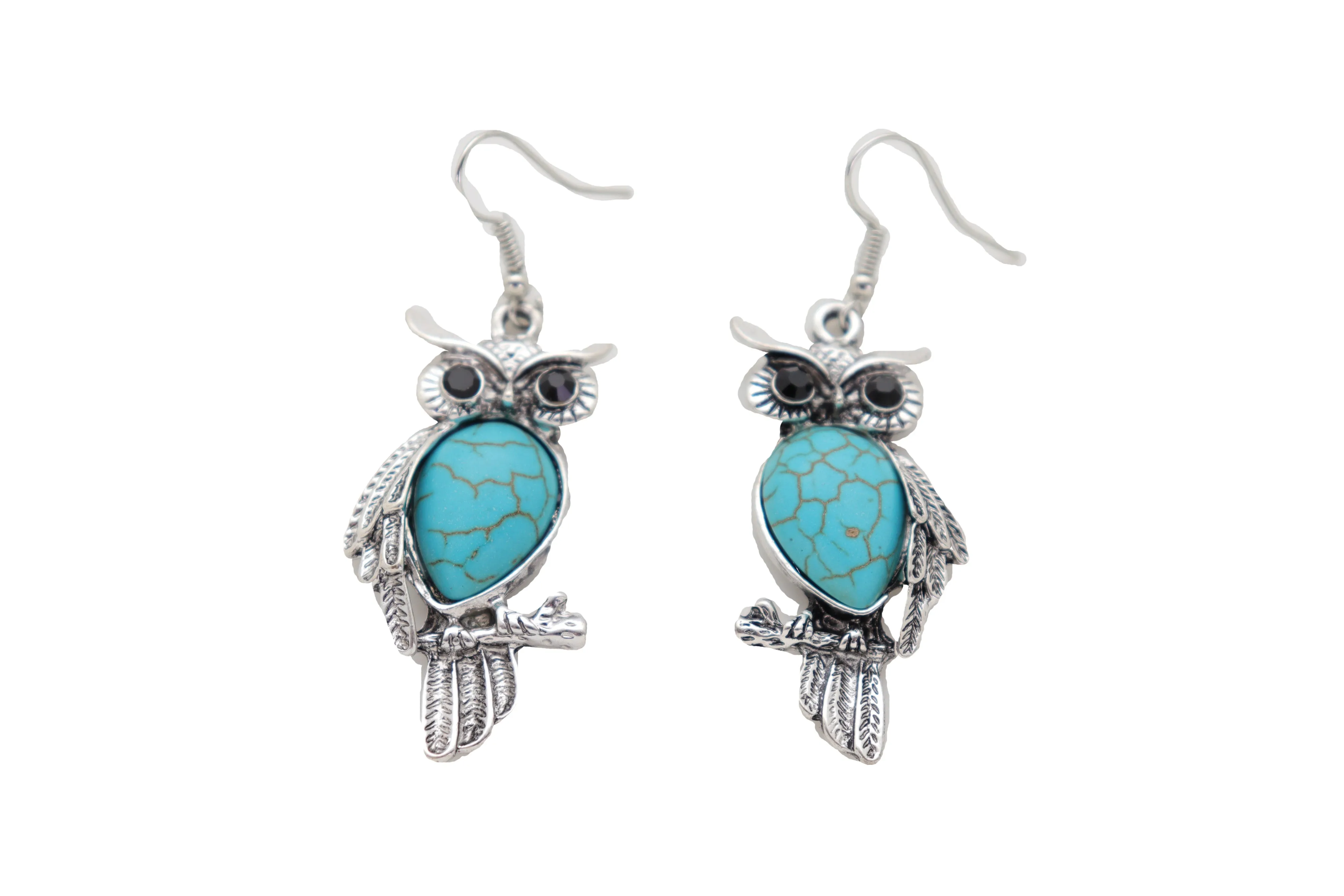 Hook Earrings Set Ethnic Silver Metal Owl Bird Jewelry Turquoise Blue Bead