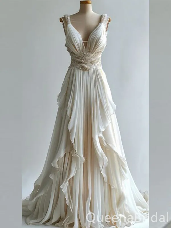 Ivory Beaded A-line Evening Gown Maxi Long Evening Party Prom Dresses ,WGP1148