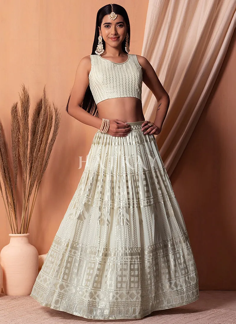 Ivory White Sequins Embroidery Lehenga Choli