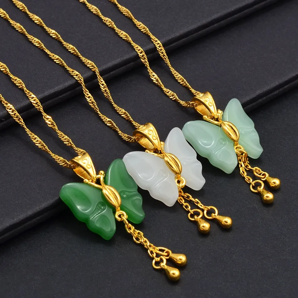 JADE  butterfly Necklaces for Women Green White Stone Charms Pendants Jewelry Birthday Wedding Party Accessories #002536