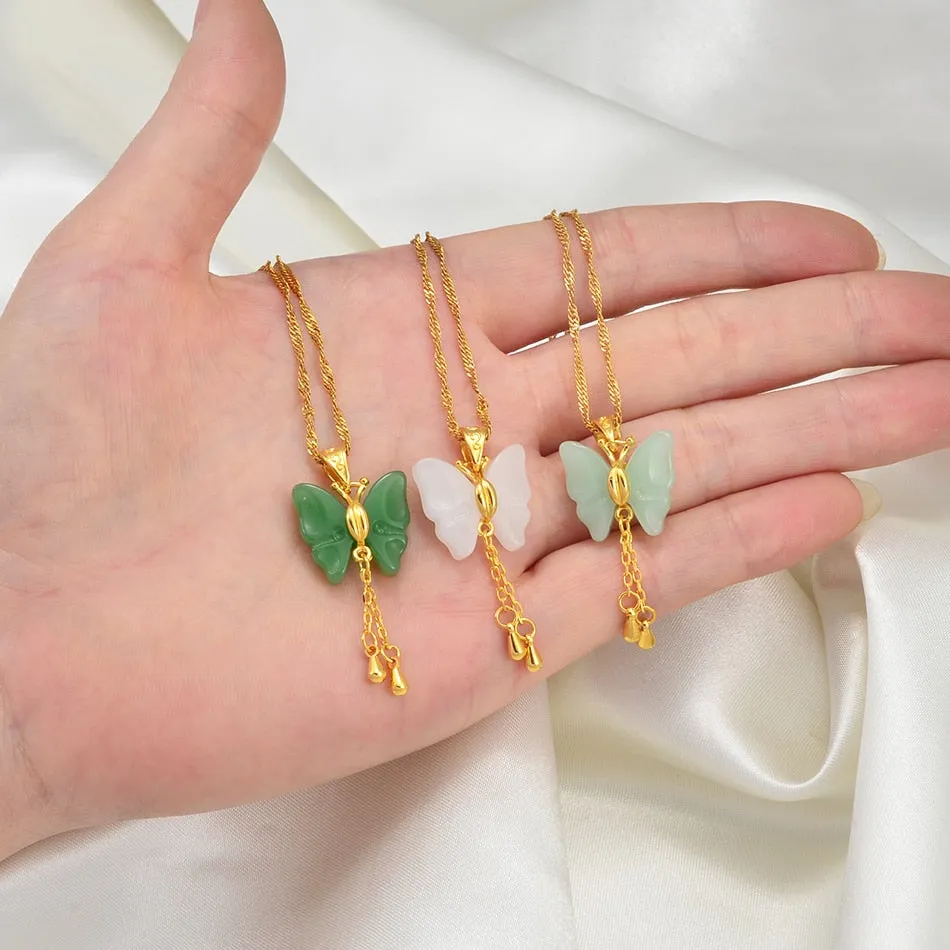 JADE  butterfly Necklaces for Women Green White Stone Charms Pendants Jewelry Birthday Wedding Party Accessories #002536
