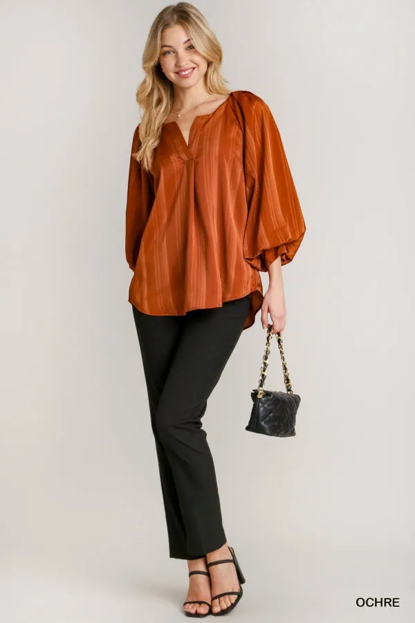 Kalissa Stripe Satin V-Notched Blouse in Ochre