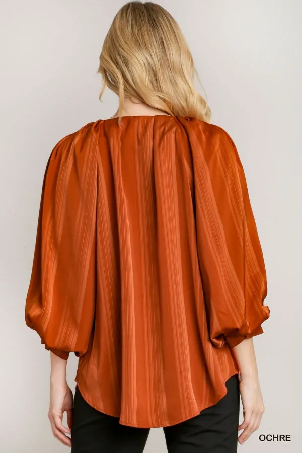 Kalissa Stripe Satin V-Notched Blouse in Ochre
