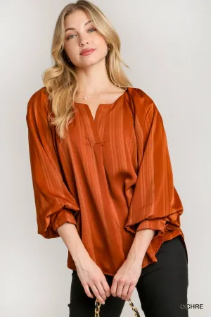 Kalissa Stripe Satin V-Notched Blouse in Ochre