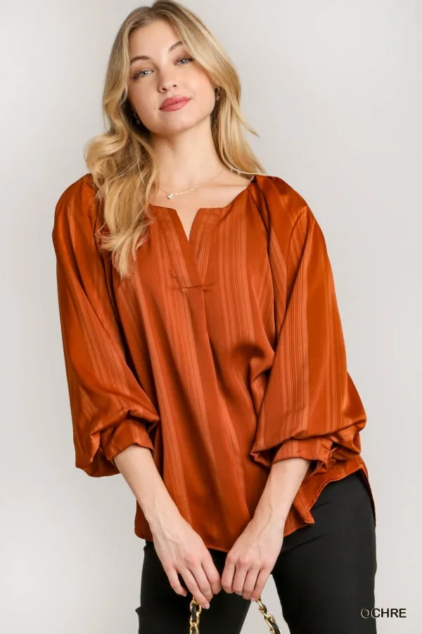 Kalissa Stripe Satin V-Notched Blouse in Ochre