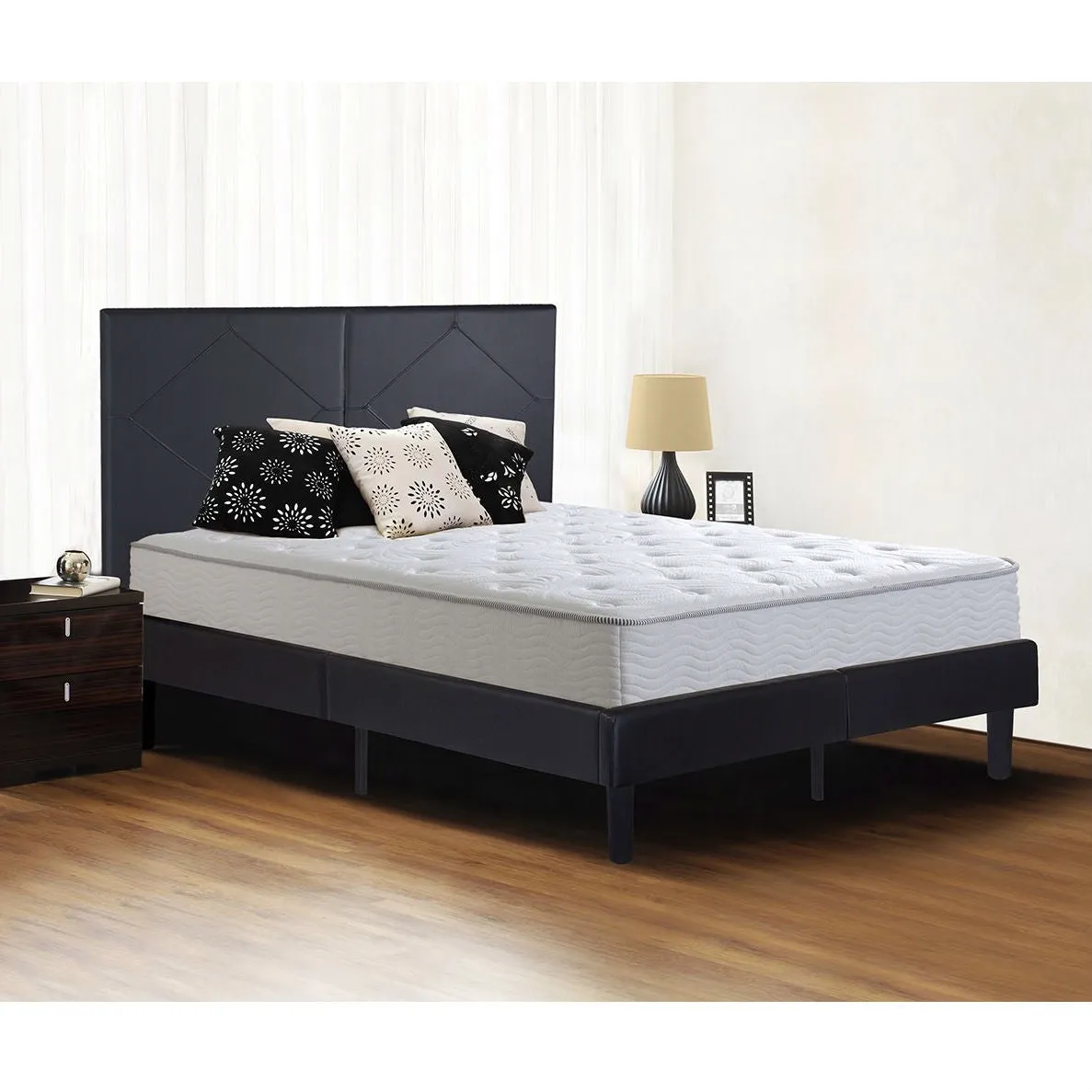 King size Black Fox Leather Upholstered Platform Bed Frame with 42-inch High Headboard