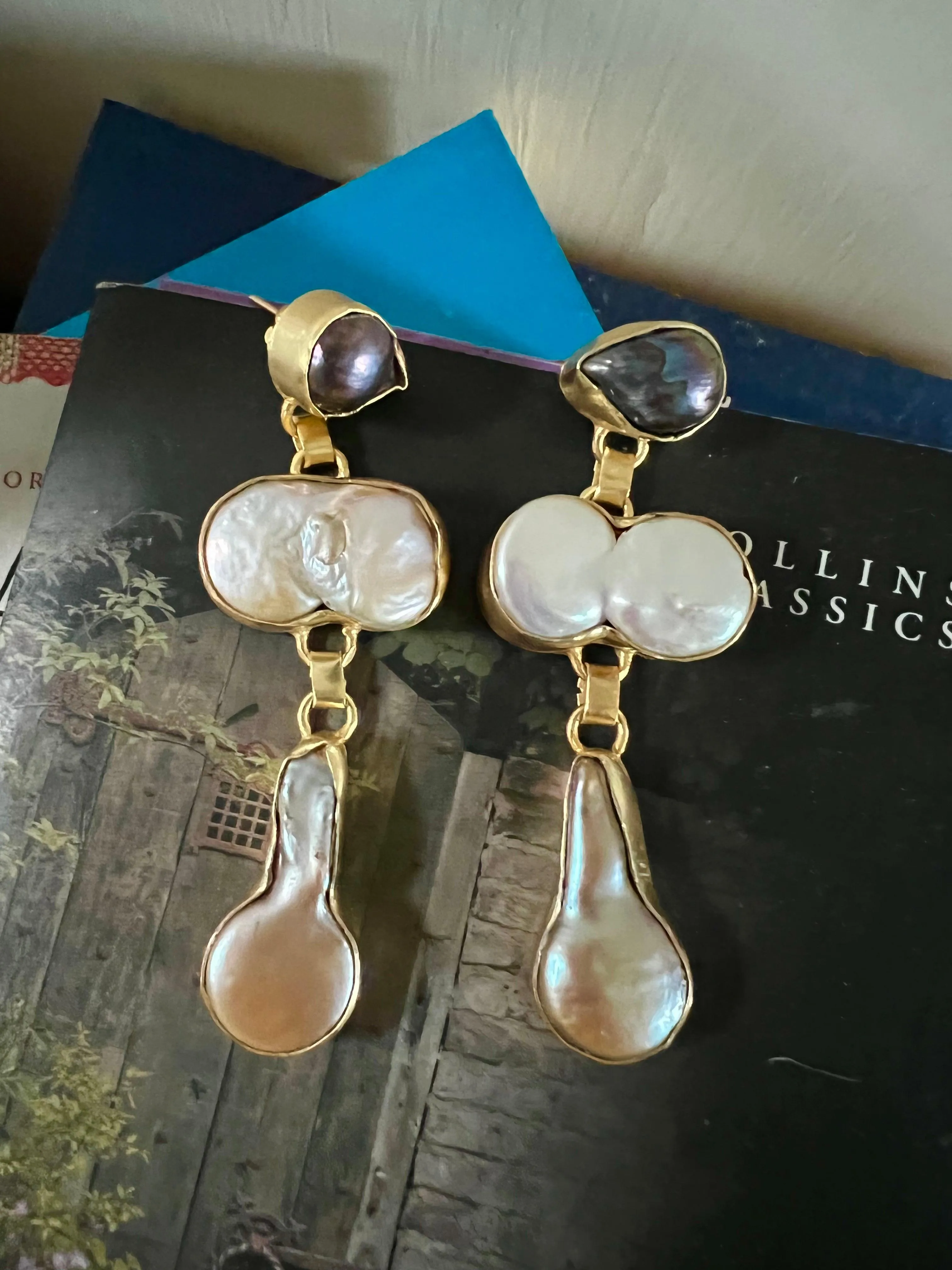 Labradorite and Pearl Danglers