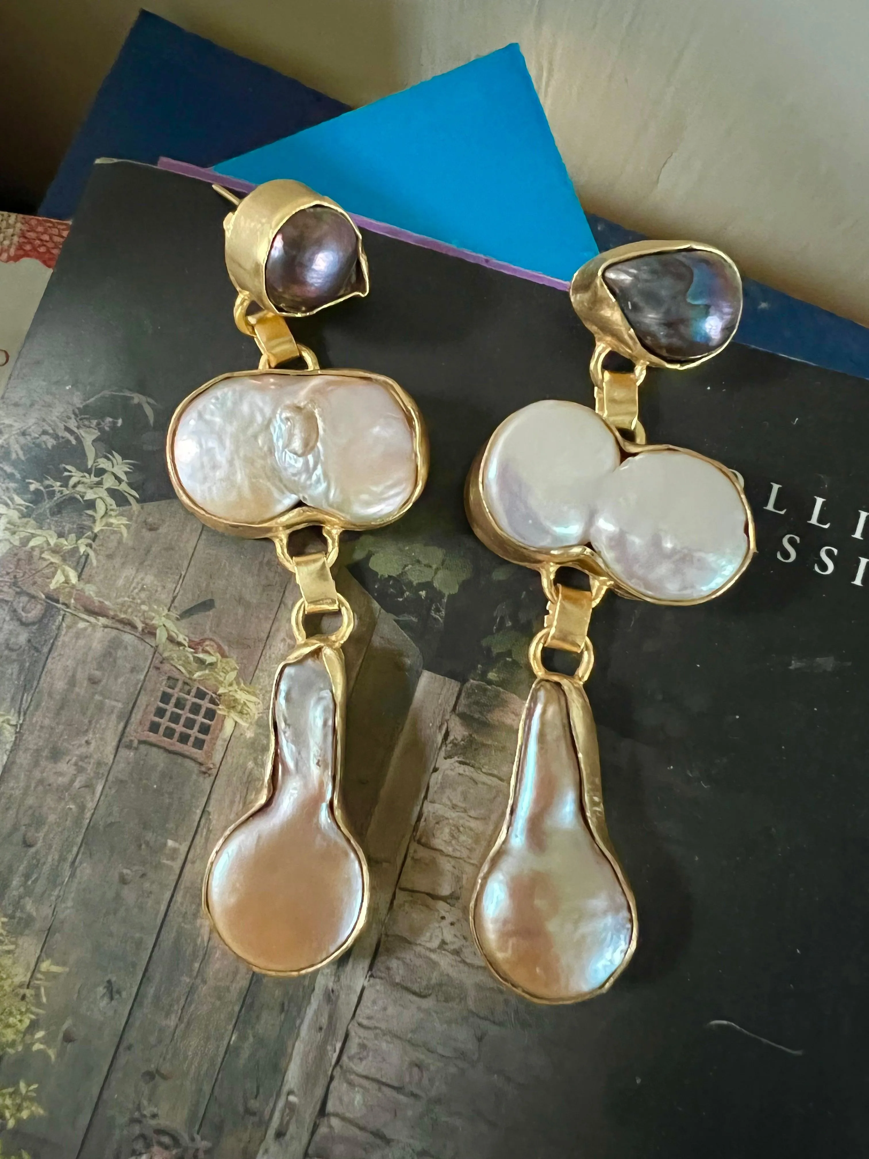 Labradorite and Pearl Danglers
