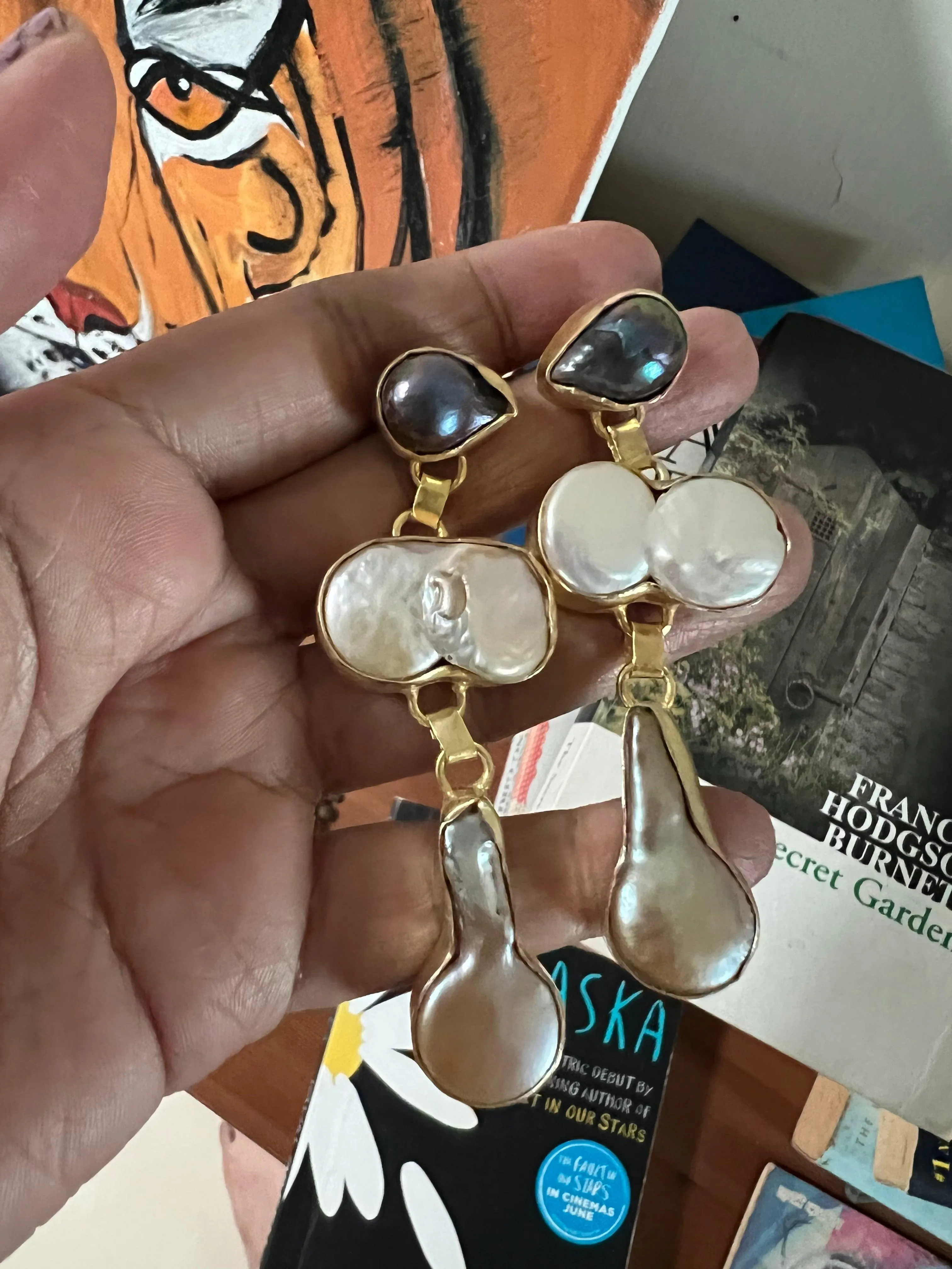 Labradorite and Pearl Danglers