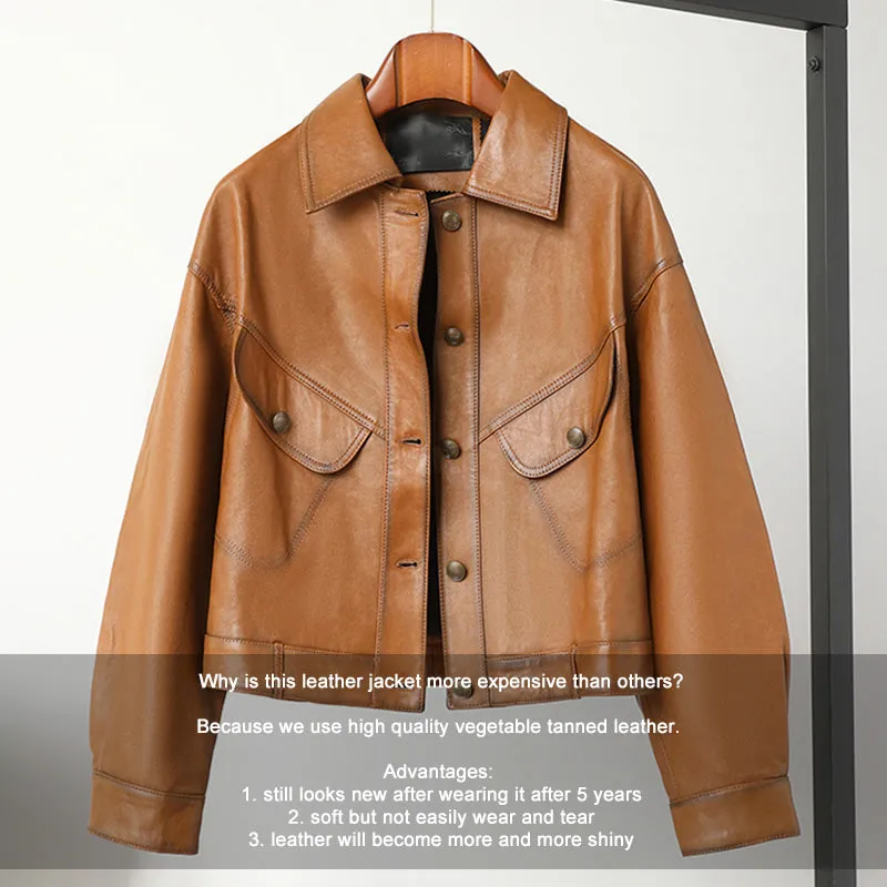 Lady Fashion Black Vegetable Tanned Leather Jackets Women Sheep Coat Vintage Motorcycle Jacket Spring Autumn Streetwear CL4019