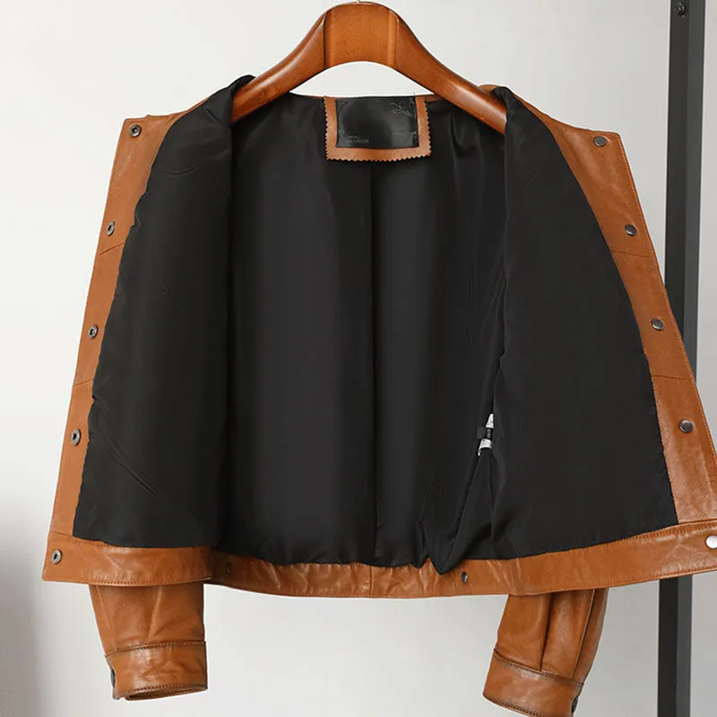 Lady Fashion Black Vegetable Tanned Leather Jackets Women Sheep Coat Vintage Motorcycle Jacket Spring Autumn Streetwear CL4019