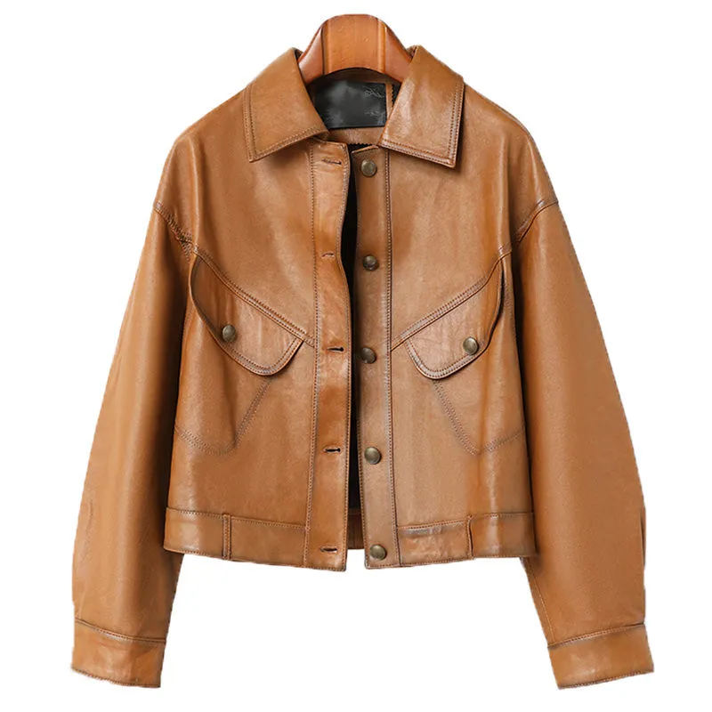 Lady Fashion Black Vegetable Tanned Leather Jackets Women Sheep Coat Vintage Motorcycle Jacket Spring Autumn Streetwear CL4019