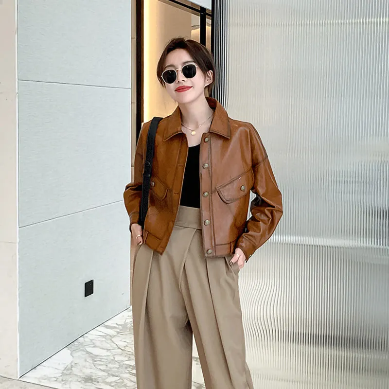 Lady Fashion Black Vegetable Tanned Leather Jackets Women Sheep Coat Vintage Motorcycle Jacket Spring Autumn Streetwear CL4019