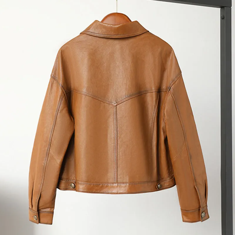 Lady Fashion Black Vegetable Tanned Leather Jackets Women Sheep Coat Vintage Motorcycle Jacket Spring Autumn Streetwear CL4019