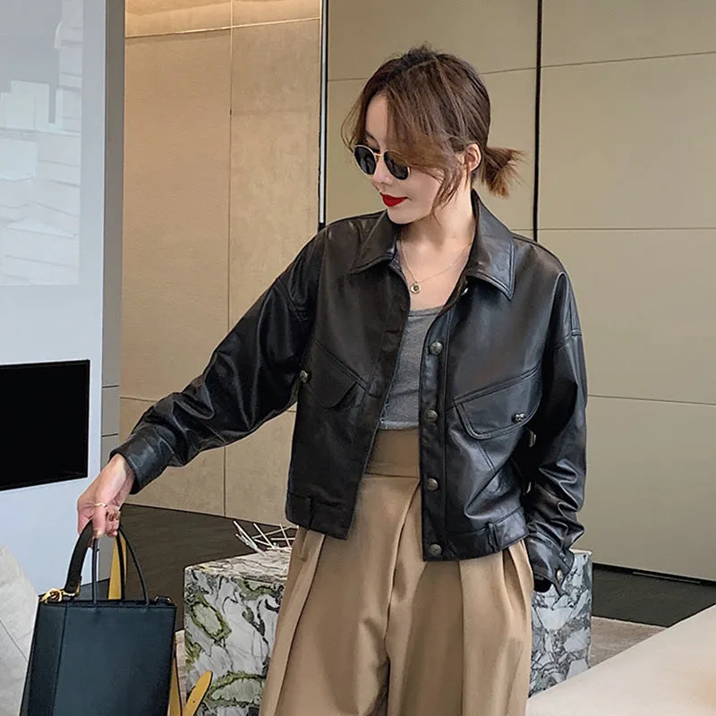 Lady Fashion Black Vegetable Tanned Leather Jackets Women Sheep Coat Vintage Motorcycle Jacket Spring Autumn Streetwear CL4019