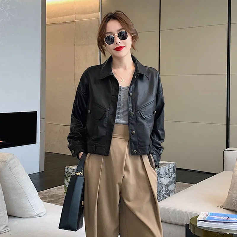 Lady Fashion Black Vegetable Tanned Leather Jackets Women Sheep Coat Vintage Motorcycle Jacket Spring Autumn Streetwear CL4019