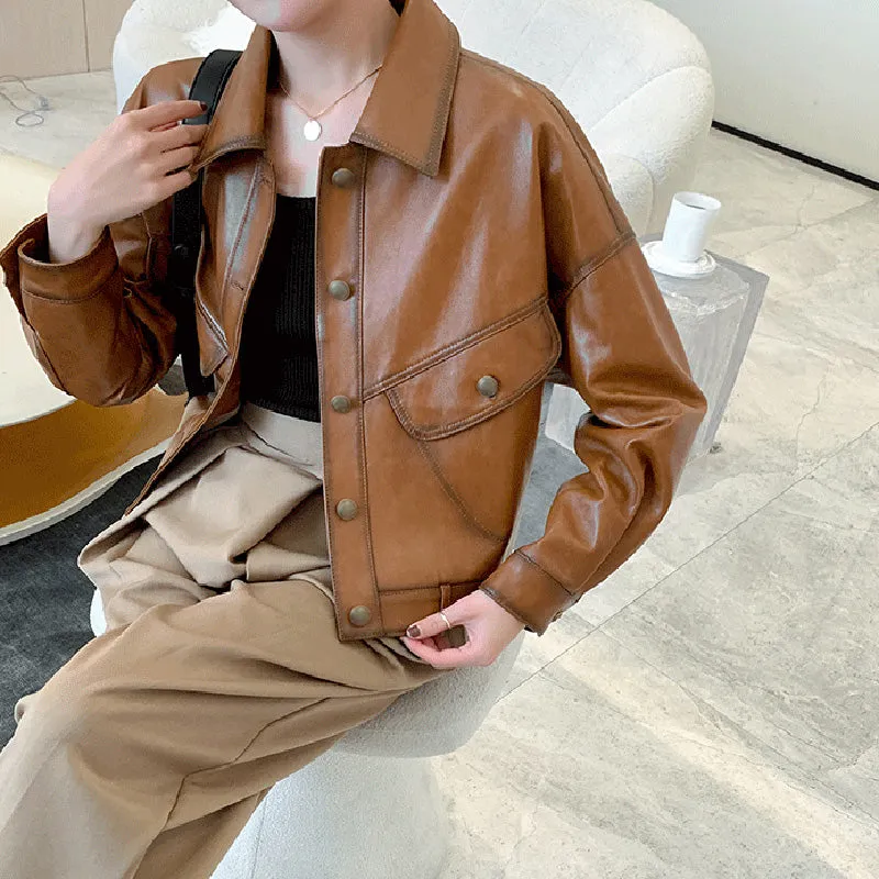 Lady Fashion Black Vegetable Tanned Leather Jackets Women Sheep Coat Vintage Motorcycle Jacket Spring Autumn Streetwear CL4019
