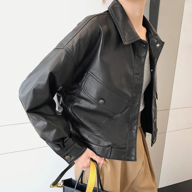 Lady Fashion Black Vegetable Tanned Leather Jackets Women Sheep Coat Vintage Motorcycle Jacket Spring Autumn Streetwear CL4019