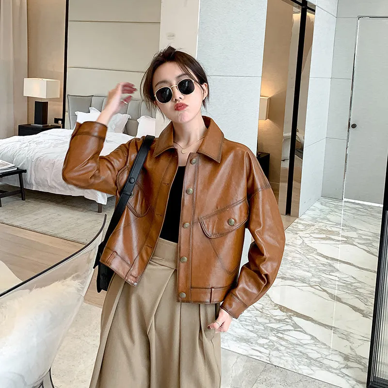 Lady Fashion Black Vegetable Tanned Leather Jackets Women Sheep Coat Vintage Motorcycle Jacket Spring Autumn Streetwear CL4019