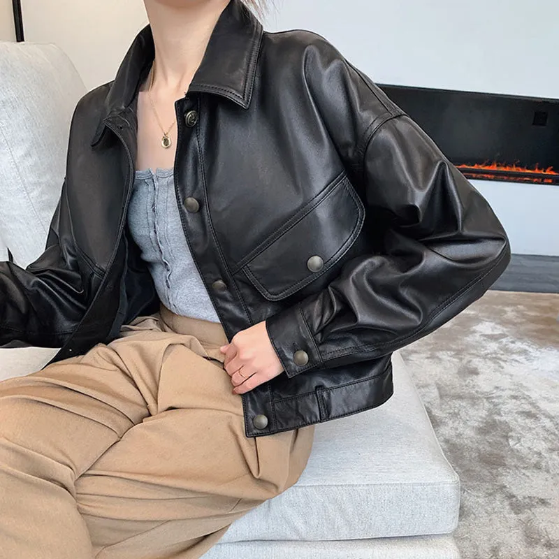 Lady Fashion Black Vegetable Tanned Leather Jackets Women Sheep Coat Vintage Motorcycle Jacket Spring Autumn Streetwear CL4019