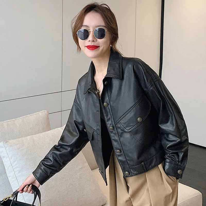 Lady Fashion Black Vegetable Tanned Leather Jackets Women Sheep Coat Vintage Motorcycle Jacket Spring Autumn Streetwear CL4019