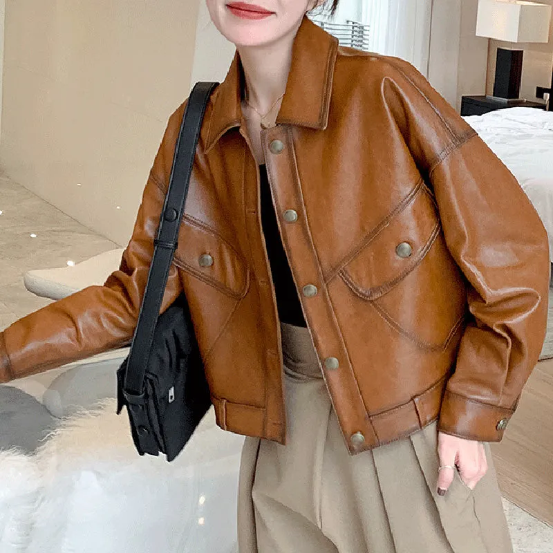 Lady Fashion Black Vegetable Tanned Leather Jackets Women Sheep Coat Vintage Motorcycle Jacket Spring Autumn Streetwear CL4019