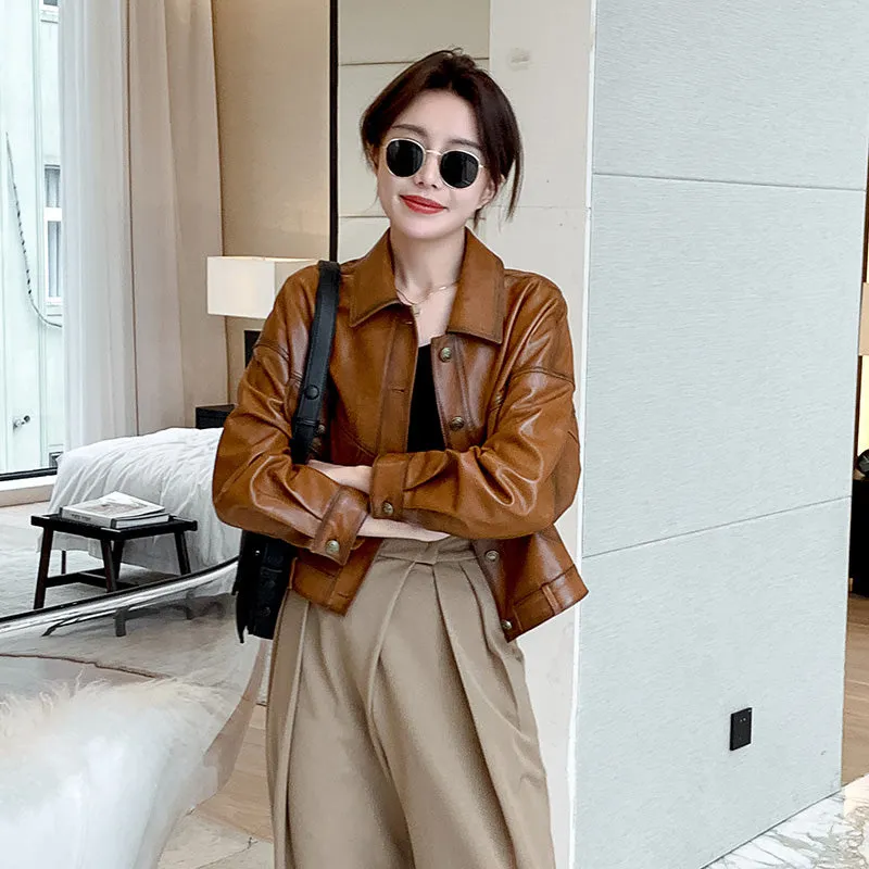 Lady Fashion Black Vegetable Tanned Leather Jackets Women Sheep Coat Vintage Motorcycle Jacket Spring Autumn Streetwear CL4019