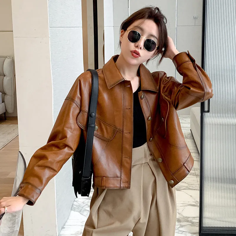 Lady Fashion Black Vegetable Tanned Leather Jackets Women Sheep Coat Vintage Motorcycle Jacket Spring Autumn Streetwear CL4019