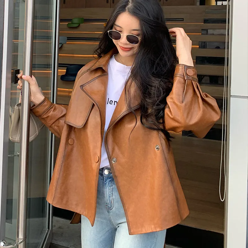 Lady Fashion Vegetable Tanned Leather Jacket New Styles Genuine Sheepskin Leather With Belt Women Motorcycle Biker Coats CL4013