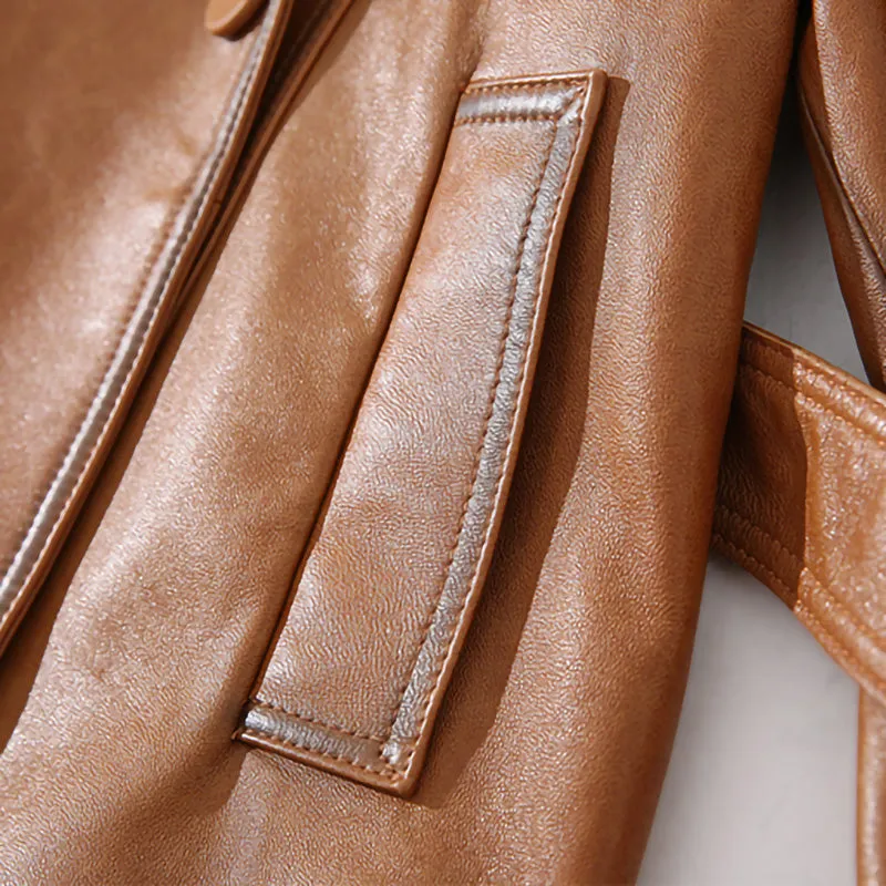 Lady Fashion Vegetable Tanned Leather Jacket New Styles Genuine Sheepskin Leather With Belt Women Motorcycle Biker Coats CL4013