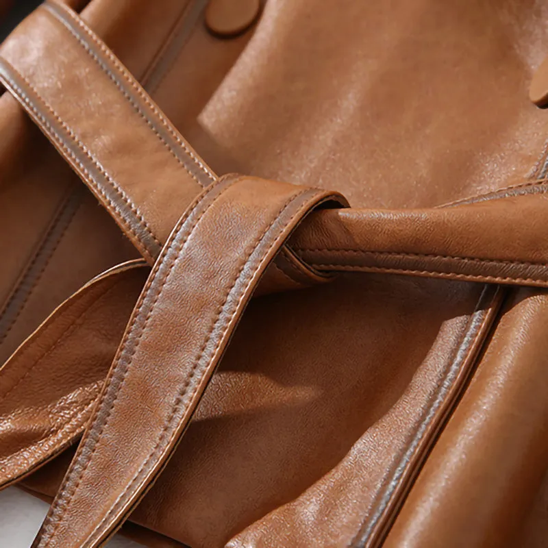 Lady Fashion Vegetable Tanned Leather Jacket New Styles Genuine Sheepskin Leather With Belt Women Motorcycle Biker Coats CL4013