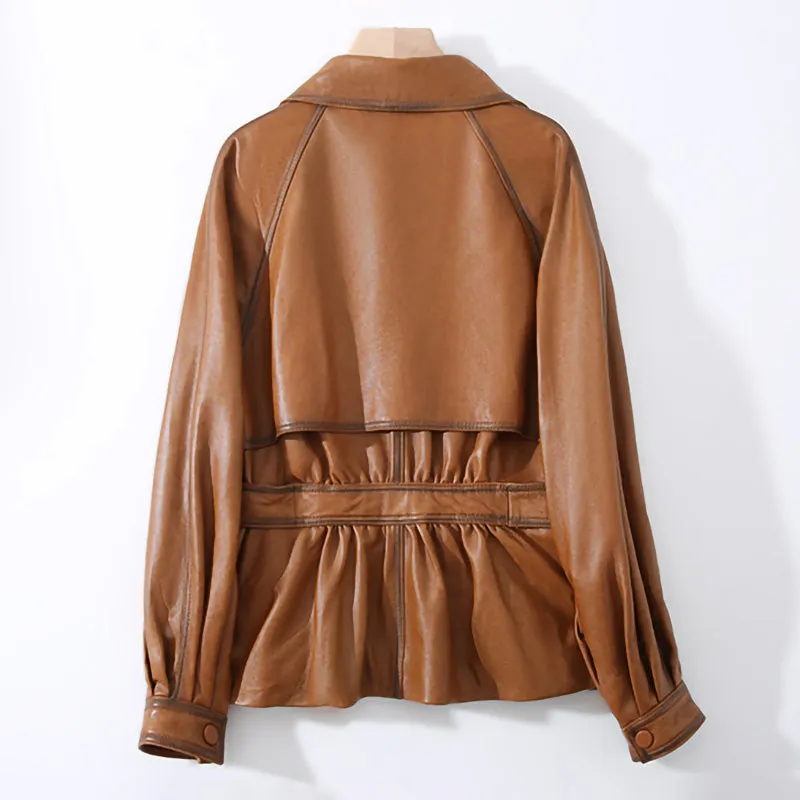 Lady Fashion Vegetable Tanned Leather Jacket New Styles Genuine Sheepskin Leather With Belt Women Motorcycle Biker Coats CL4013