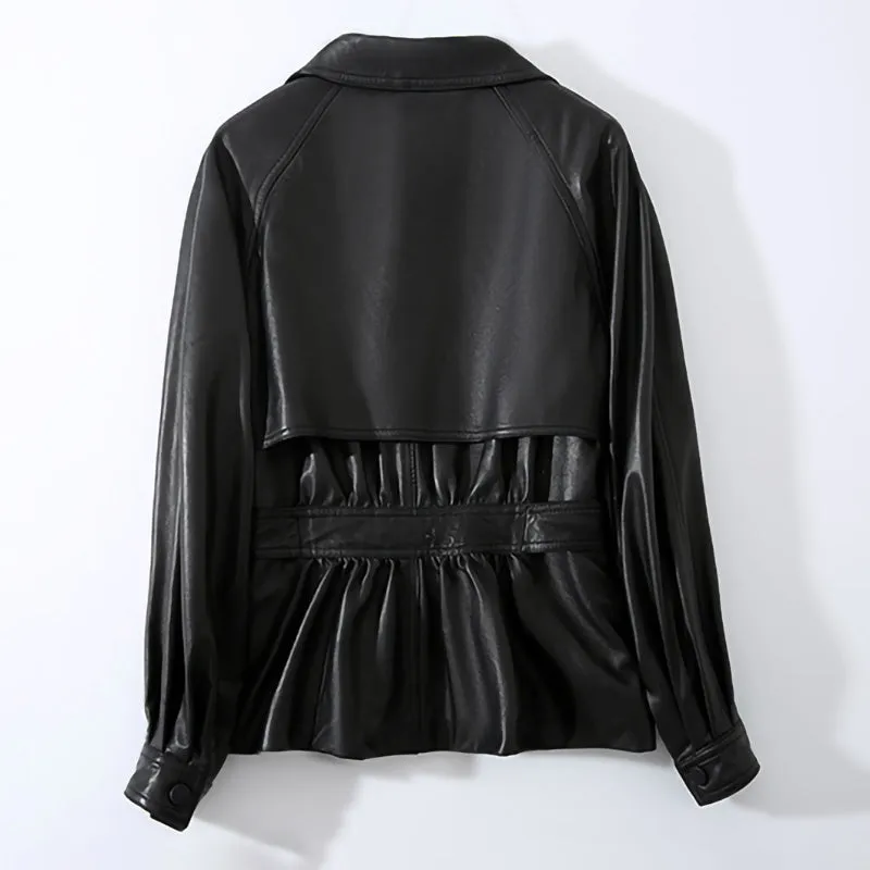 Lady Fashion Vegetable Tanned Leather Jacket New Styles Genuine Sheepskin Leather With Belt Women Motorcycle Biker Coats CL4013