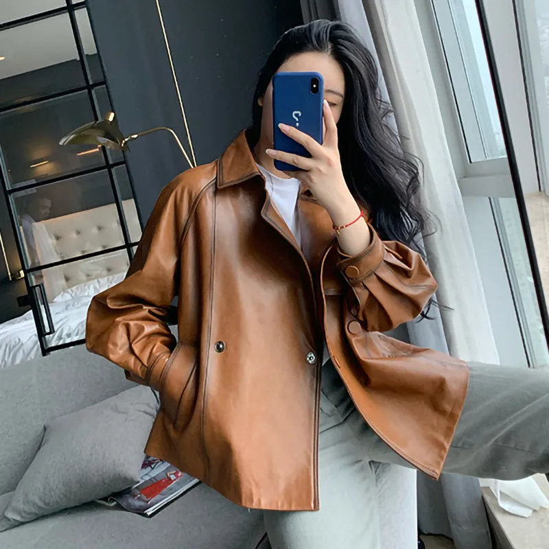 Lady Fashion Vegetable Tanned Leather Jacket New Styles Genuine Sheepskin Leather With Belt Women Motorcycle Biker Coats CL4013