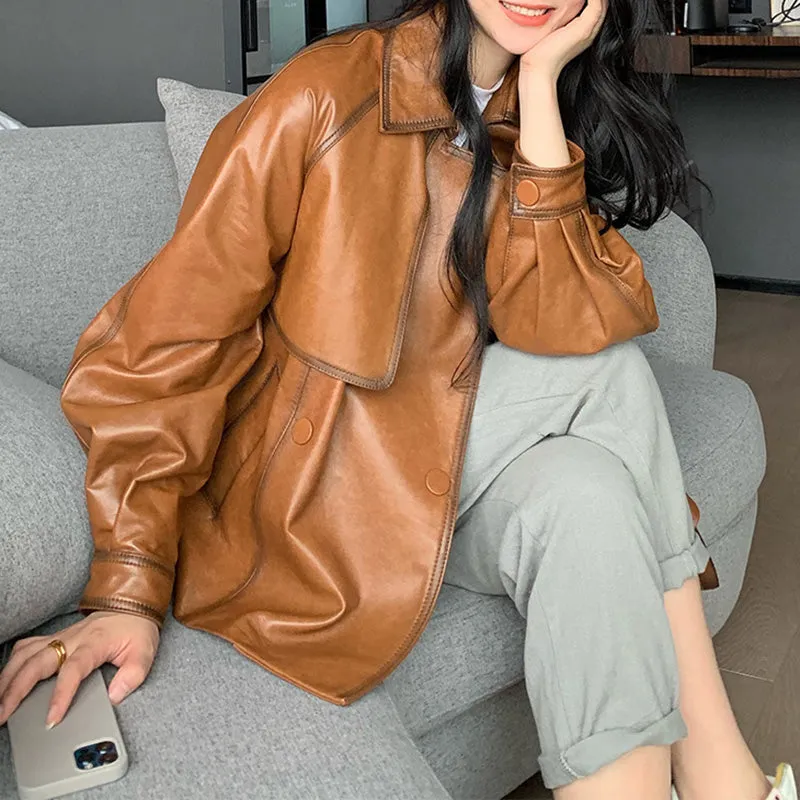 Lady Fashion Vegetable Tanned Leather Jacket New Styles Genuine Sheepskin Leather With Belt Women Motorcycle Biker Coats CL4013
