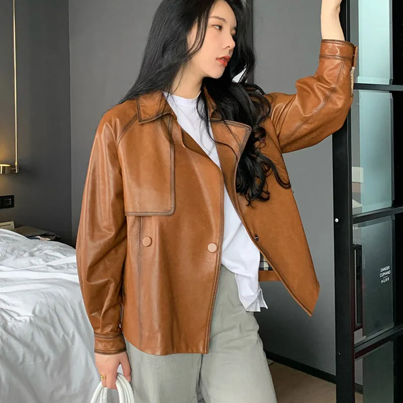 Lady Fashion Vegetable Tanned Leather Jacket New Styles Genuine Sheepskin Leather With Belt Women Motorcycle Biker Coats CL4013