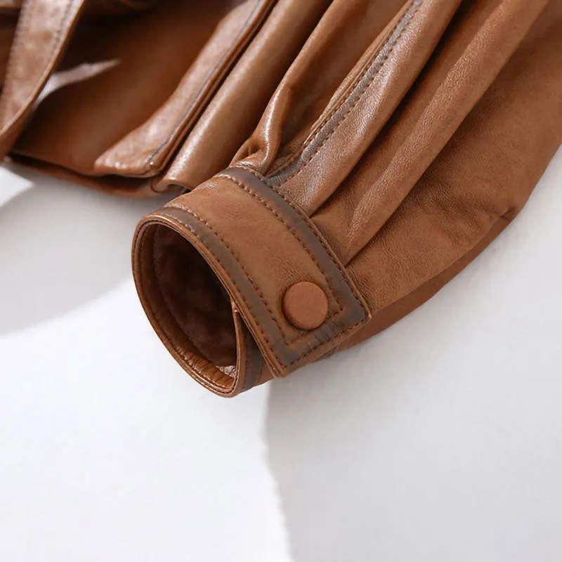 Lady Fashion Vegetable Tanned Leather Jacket New Styles Genuine Sheepskin Leather With Belt Women Motorcycle Biker Coats CL4013