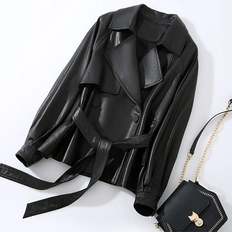 Lady Fashion Vegetable Tanned Leather Jacket New Styles Genuine Sheepskin Leather With Belt Women Motorcycle Biker Coats CL4013