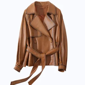 Lady Fashion Vegetable Tanned Leather Jacket New Styles Genuine Sheepskin Leather With Belt Women Motorcycle Biker Coats CL4013