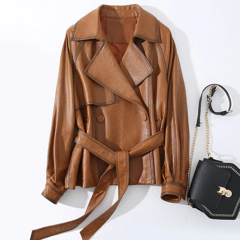 Lady Fashion Vegetable Tanned Leather Jacket New Styles Genuine Sheepskin Leather With Belt Women Motorcycle Biker Coats CL4013