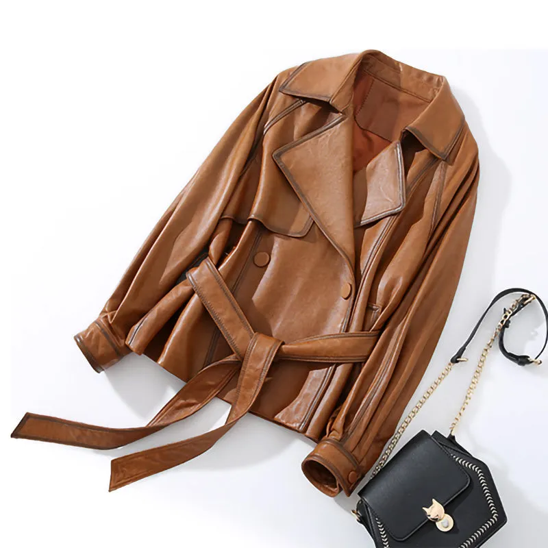 Lady Fashion Vegetable Tanned Leather Jacket New Styles Genuine Sheepskin Leather With Belt Women Motorcycle Biker Coats CL4013