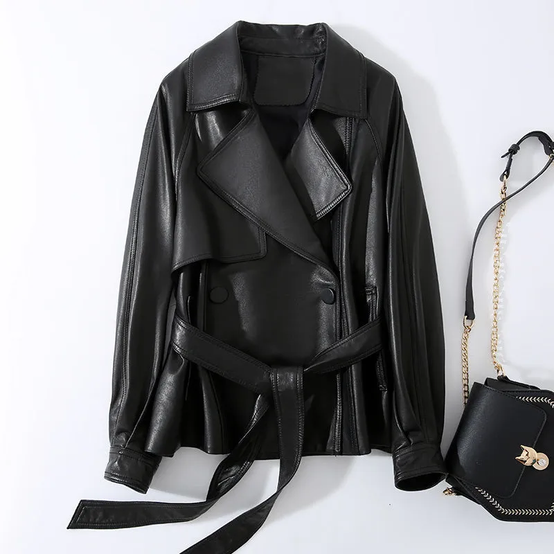 Lady Fashion Vegetable Tanned Leather Jacket New Styles Genuine Sheepskin Leather With Belt Women Motorcycle Biker Coats CL4013