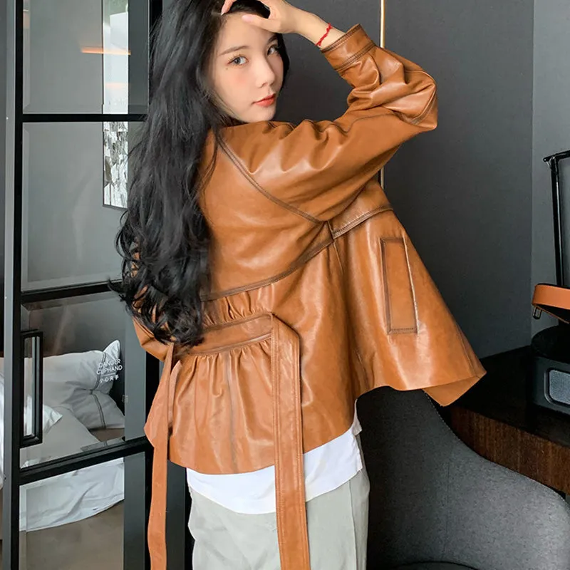 Lady Fashion Vegetable Tanned Leather Jacket New Styles Genuine Sheepskin Leather With Belt Women Motorcycle Biker Coats CL4013
