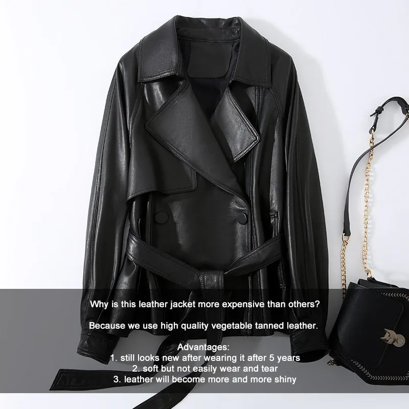 Lady Fashion Vegetable Tanned Leather Jacket New Styles Genuine Sheepskin Leather With Belt Women Motorcycle Biker Coats CL4013
