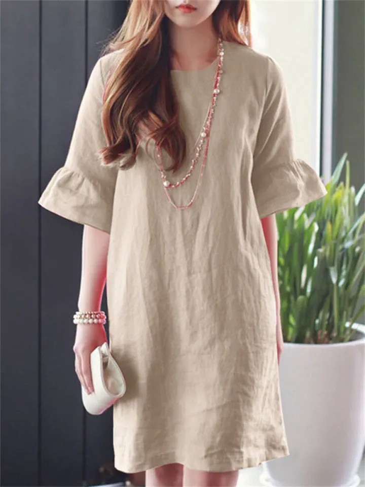 Leisure Round Neck Bell Sleeve Mini Dress for Women