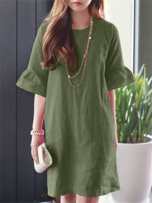 Leisure Round Neck Bell Sleeve Mini Dress for Women