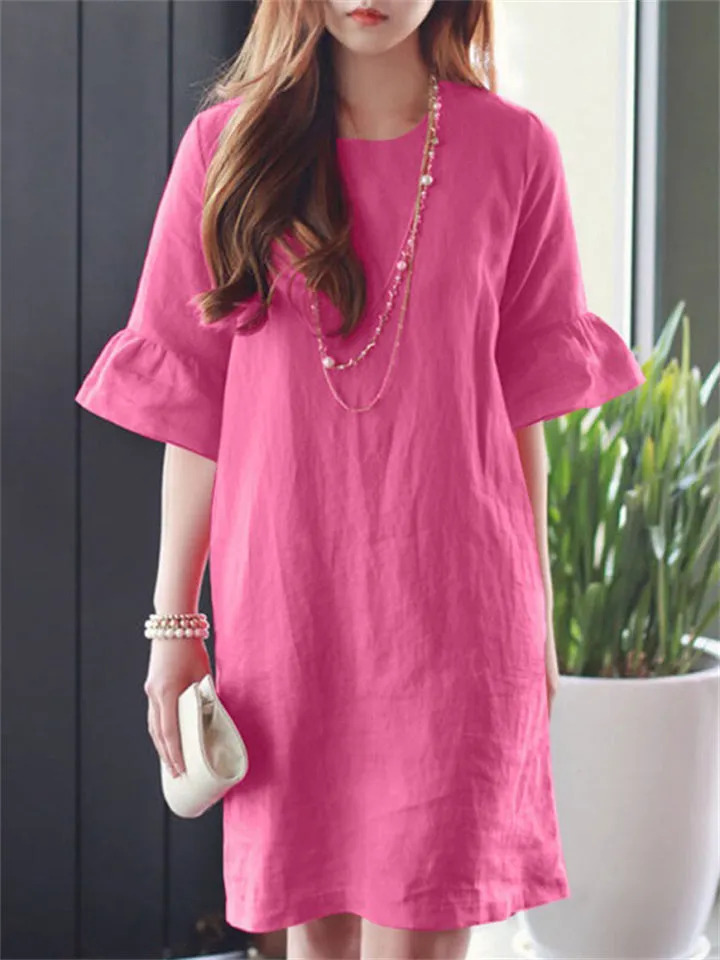 Leisure Round Neck Bell Sleeve Mini Dress for Women